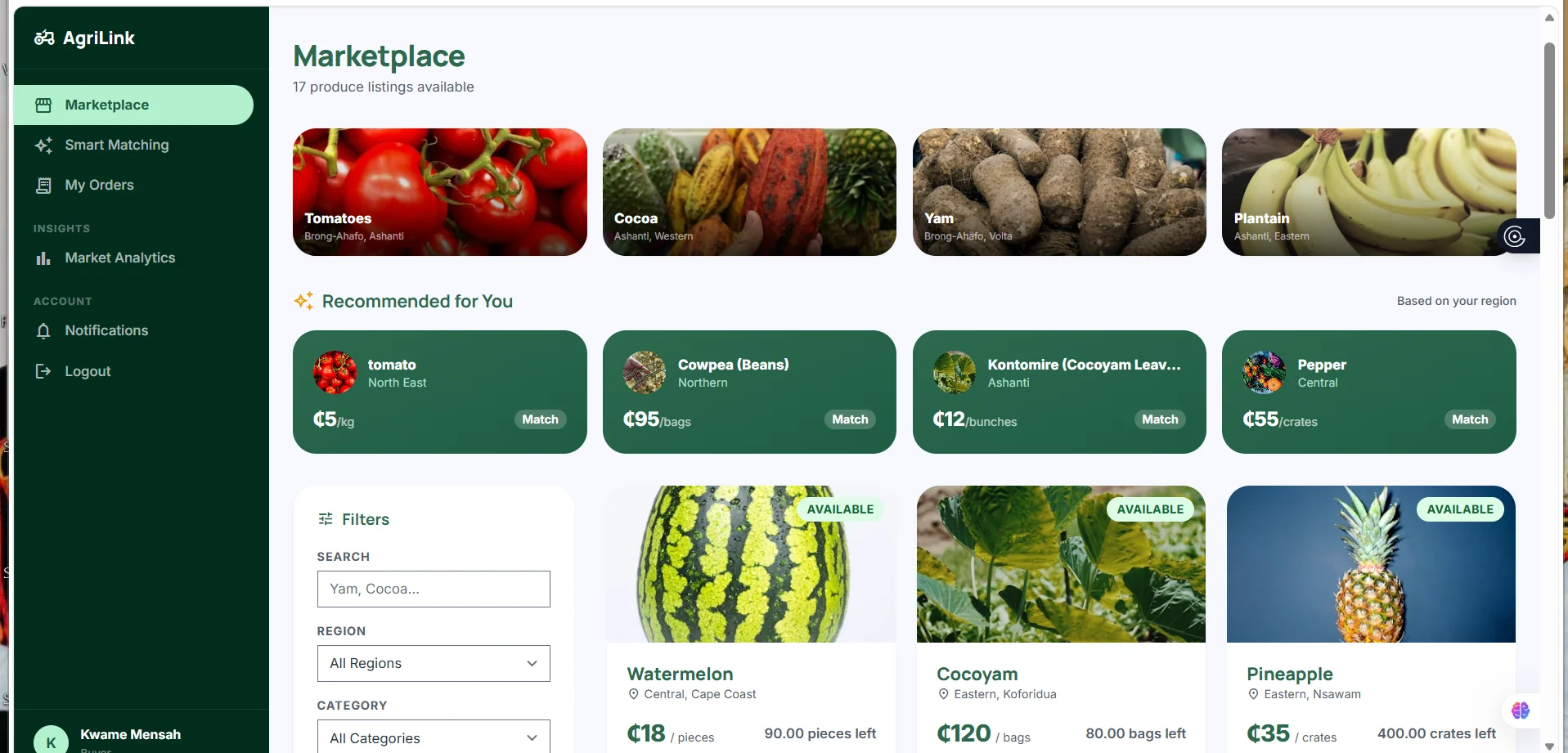 The AgriLink Ghana marketplace interface